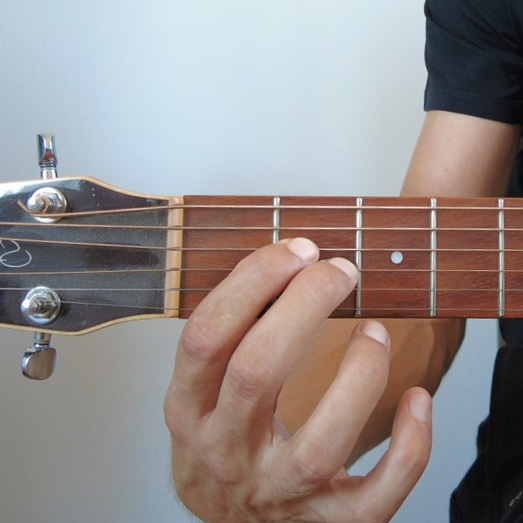 Photo d'une main faisant un accord de La sus2 à la guitare